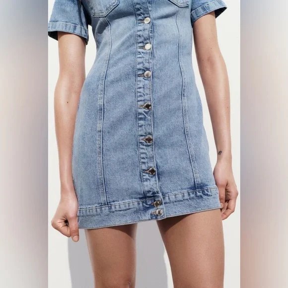 Zara Dress mini denim jeans button up collar casual short sleeve - Picture 3 of 8